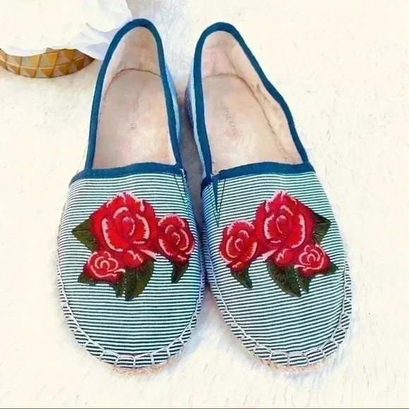 CHARTER CLUB Blue Pin Stripe Rose Embroidered Espadrille Comfort Shoe (8M) - Picture 1 of 8